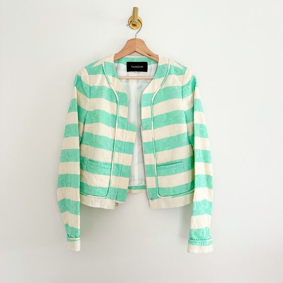 Thakoon Striped Pattern Zip Up Lined Blazer Jacket Green 2 - Picture 2 of 11